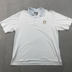 PGA Ashworth Mens Large Blue White Striped Golf Polo Patch Dans Tournament